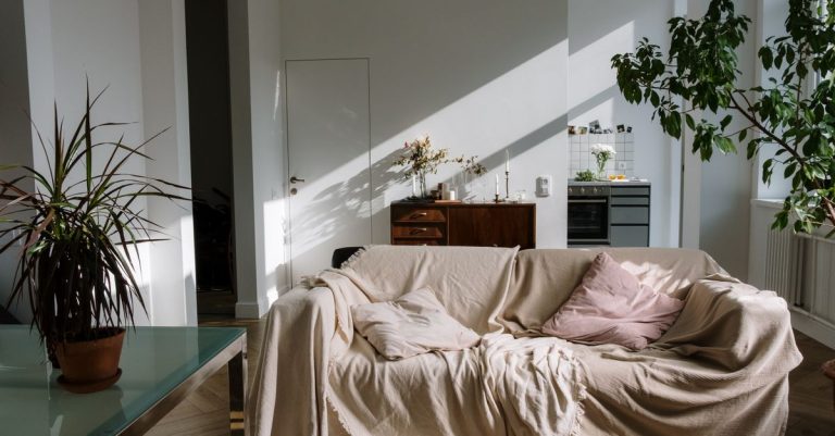 Interior apartemen yang nyaman dengan cahaya matahari, menampilkan sofa yang nyaman dengan penutup beige, tanaman pot, dan dekorasi hangat.