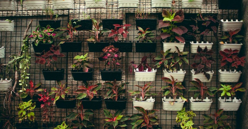 Taman vertikal yang hidup menampilkan berbagai tanaman dalam pot di grid kawat.