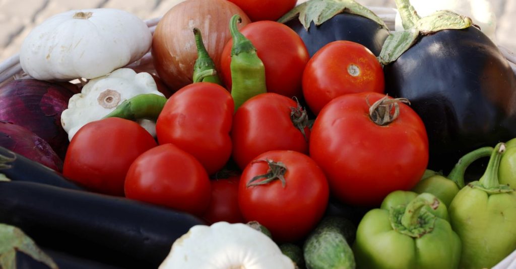 Koleksi sayuran organik segar yang semarak termasuk tomat, paprika, terong, dan labu dalam keranjang.