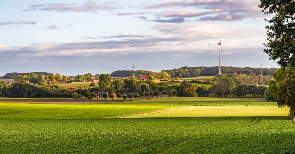 Pemandangan pedesaan yang semarak di Coesfeld, Jerman, dengan ladang dan turbin angin di bawah langit yang dinamis.