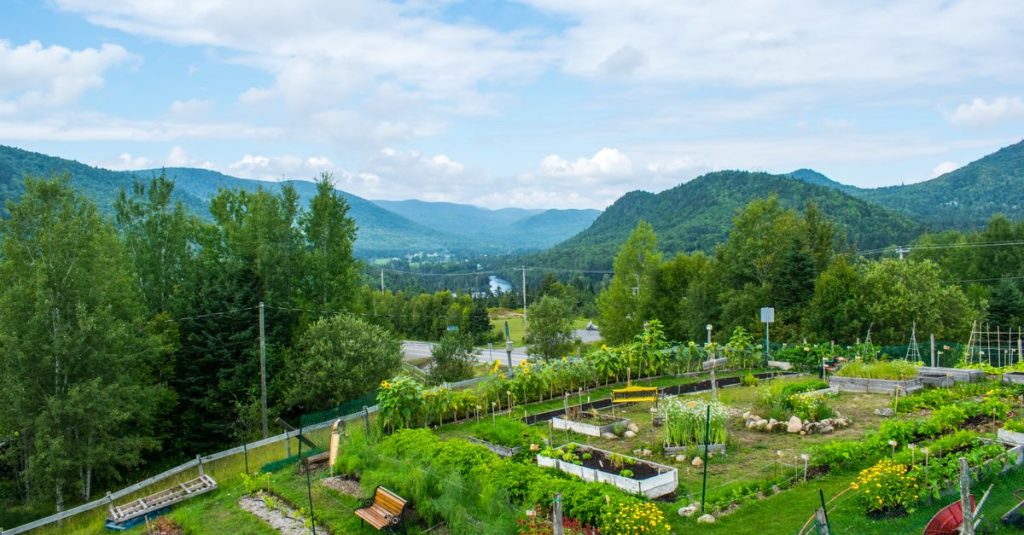 Taman subur dengan pemandangan pegunungan di Stoneham-et-Tewkesbury, Quebec.