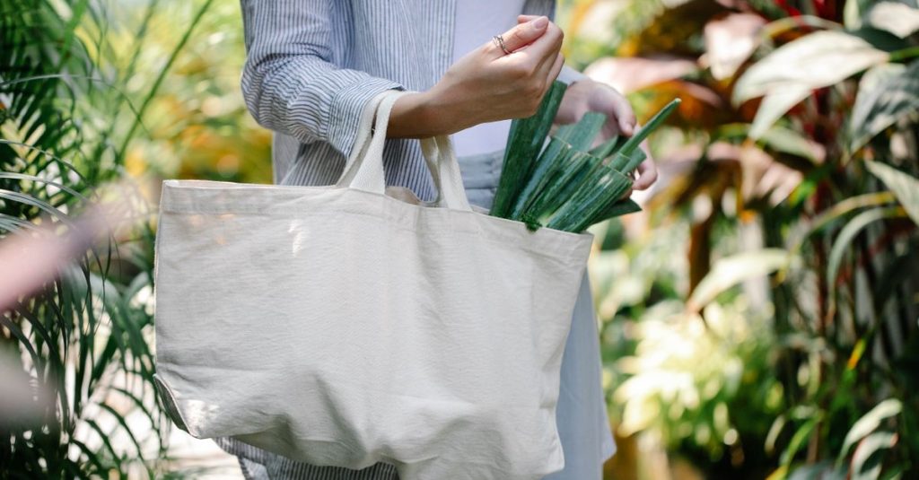 Seorang wanita membawa sayuran segar dalam tas sambil berkebun di luar ruangan di musim panas.