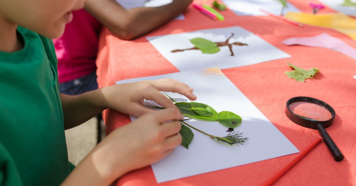 Anak-anak menciptakan seni daun di kemah musim panas, menjelajahi kreativitas dengan bahan alami.