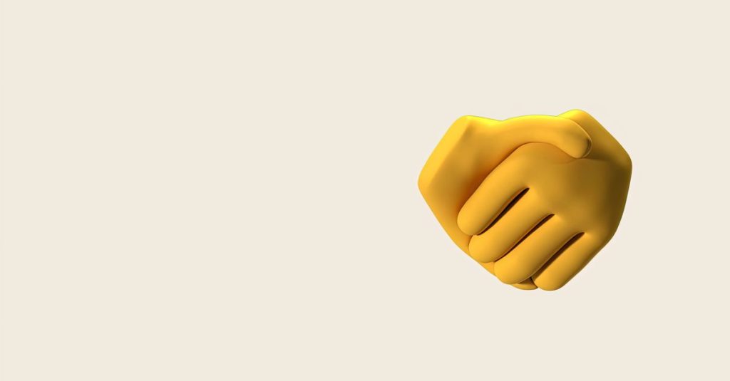 Ilustrasi 3D dari emoji kuning jabat tangan yang melambangkan kesepakatan dan kemitraan.